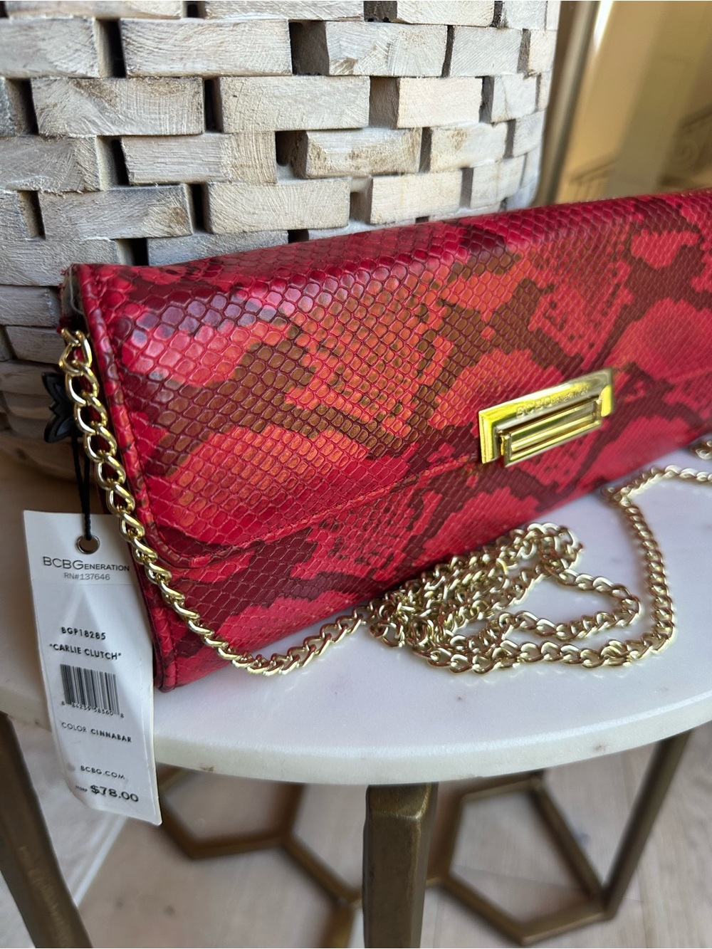 BCBGeneration Red Snake-Print Chain Clutch with Gold Hardware